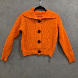 Orange Button Up Collared Cardigan Sweater Womens No Size Tag‎ Comfy Cozy Casual